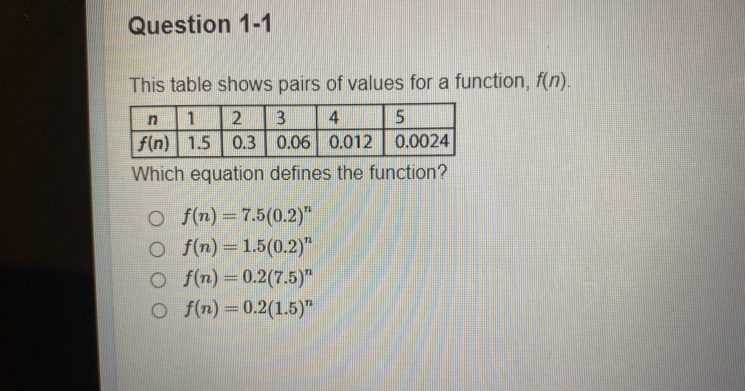 This table shows pairs of values for a function, f(n).
Which equation defines the function?
f(n)=7.5(0.2)^n
f(n)=1.5(0.2)^n
f(n)=0.2(7.5)^n
f(n)=0.2(1.5)^n