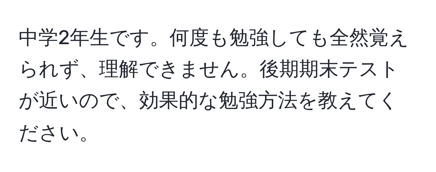 中学2年生です。何度も勉強しても全然覚えられず、理解できません。後期期末テストが近いので、効果的な勉強方法を教えてください。