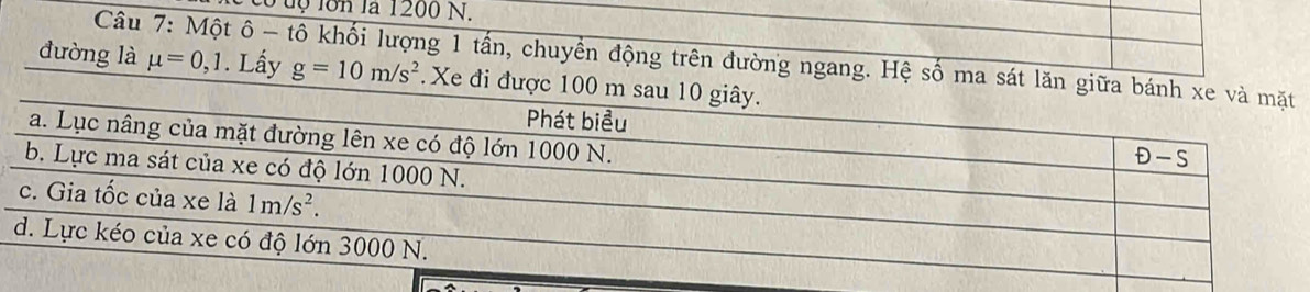 2ó độ lớn là 1200 N.
Câu 7: Một ô - tô khối lượng 1 tấn, chuyển động trên đường ngang. Hệ số ma sát lăn giữa 
đường là mu =0,1. Lấy g=10m/s^2 *. Xe đi được 10