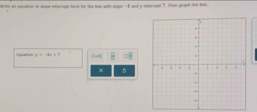 Write an equation in slope-intercept form for the line with slope — 8 and y-intercept 7. Then graph the line. 
Equation: y=-8x+7  □ /□   □  □ /□  
□ =□
×