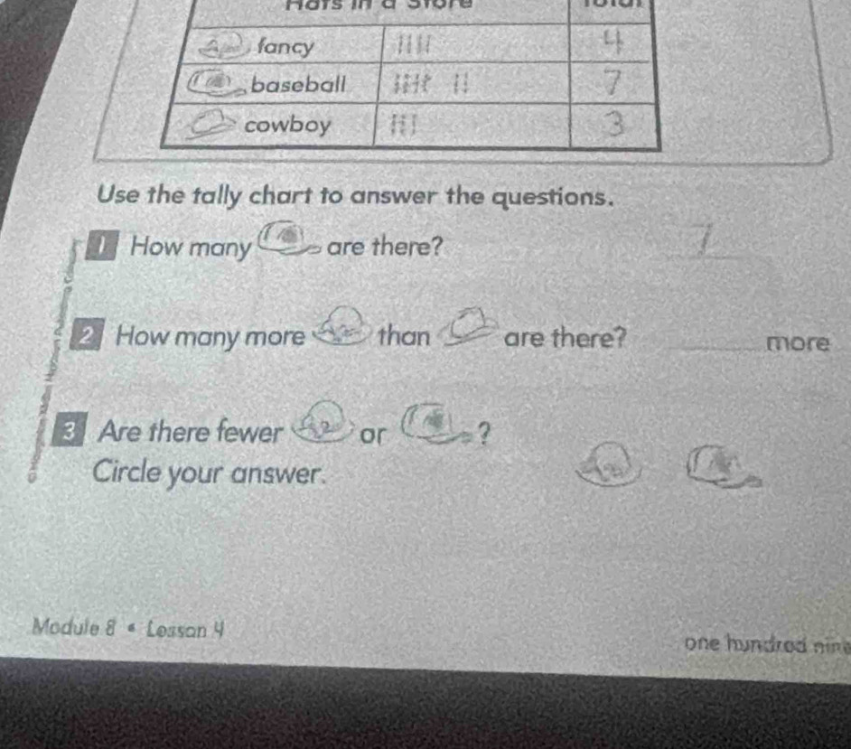 Hots in a Store 
Use the tally chart to answer the questions. 
How many are there? 
_ 
2 How many more than are there? _more 
Are there fewer or ? 
Circle your answer. 
Module 8 « Lessan 4 one hundred nin