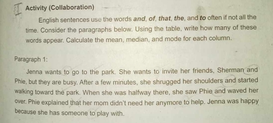 Activity (Collaboration) 
English sentences use the words and, of, that, the, and to often if not all the 
time. Consider the paragraphs below. Using the table, write how many of these 
words appear. Calculate the mean, median, and mode for each column. 
Paragraph 1: 
Jenna wants to go to the park. She wants to invite her friends, Sherman and 
Phie, but they are busy. After a few minutes, she shrugged her shoulders and started 
walking toward the park. When she was halfway there, she saw Phie and waved her 
over. Phie explained that her mom didn't need her anymore to help. Jenna was happy 
because she has someone to play with.