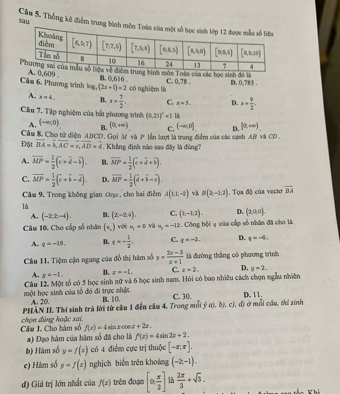 sau
Câu 5. Thống kê điểm trung bìn
án của các học sinh đó là
609 . B. 0,616 . C. 0,78 .
D. 0,785 .
Câu 6. Phương trình log _3(2x+1)=2 có nghiệm là
A. x=4.
B. x= 7/2 .
C. x=5. D. x= 9/2 .
Câu 7. Tập nghiệm của bất phương trình (0,21)^x<1</tex> là
A. (-∈fty ;0) (0;+∈fty ). (-∈fty ;0] [0;+∈fty )
B.
C.
D.
Câu 8. Cho tứ diện ABCD. Gọi M và P lần lượt là trung điểm của các cạnh AB và CD .
Đặt vector BA=vector b,vector AC=vector c,vector AD=vector d. Khẳng định nào sau đây là đúng?
A. vector MP= 1/2 (vector c+vector d-vector b). B. overline MP= 1/2 (vector c+vector d+vector b).
C. vector MP= 1/2 (vector c+vector b-vector d). D. vector MP= 1/2 (vector d+vector b-vector c).
Câu 9. Trong không gian Oxyz, cho hai điểm A(1;1;-2) và B(3;-1;2). Tọa độ của vectơ overline BA
là
C.
A. (-2;2;-4). B. (2;-2;4). (1;-1;2).
D. (2;0;0).
Câu 10. Cho cấp số nhân (u_n) với u_1=6 và u_2=-12. Công bội q của cấp số nhân đã cho là
A. q=-18.
C.
B. q=- 1/2 . q=-2.
D. q=-6.
Câu 11. Tiệm cận ngang của đồ thị hàm số y= (2x-3)/x+1  là đường thắng có phương trình
C. x=2. D. y=2.
A. y=-1.
B. x=-1.
Câu 12. Một tổ có 5 học sinh nữ và 6 học sinh nam. Hỏi có bao nhiêu cách chọn ngẫu nhiên
một học sinh của tổ đó đi trực nhật. D. 11.
A. 20. B. 10.
C. 30.
PHÀN II. Thí sinh trả lời từ câu 1 đến câu 4. Trong mỗi ý a), b), c), d) ở mỗi câu, thí sinh
chọn đúng hoặc sai.
Câu 1. Cho hàm số f(x)=4sin xcos x+2x.
a) Đạo hàm của hàm số đã cho là f'(x)=4sin 2x+2.
b) Hàm số y=f(x) có 4 điểm cực trị thuộc [-π ;π ].
c) Hàm số y=f(x) nghịch biến trên khoảng (-2;-1).
d) Giá trị lớn nhất của f(x) trên đoạn [0; π /2 ] là  2π /3 +sqrt(3).
Khi