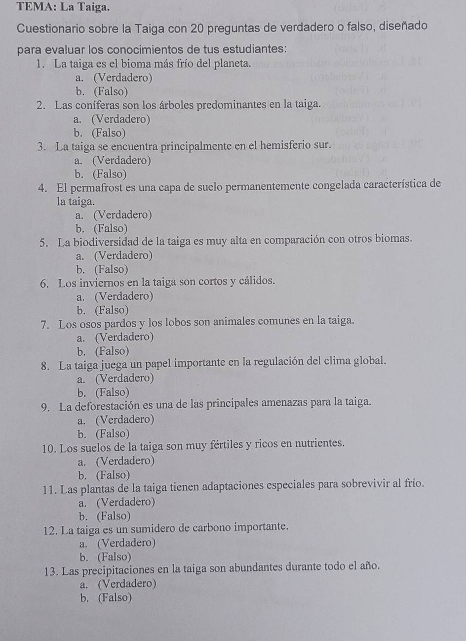 TEMA: La Taiga.
Cuestionario sobre la Taiga con 20 preguntas de verdadero o falso, diseñado
para evaluar los conocimientos de tus estudiantes:
1. La taiga es el bioma más frío del planeta.
a. (Verdadero)
b. (Falso)
2. Las coníferas son los árboles predominantes en la taiga.
a. (Verdadero)
b. (Falso)
3. La taiga se encuentra principalmente en el hemisferio sur.
a. (Verdadero)
b. (Falso)
4. El permafrost es una capa de suelo permanentemente congelada característica de
la taiga.
a. (Verdadero)
b. (Falso)
5. La biodiversidad de la taiga es muy alta en comparación con otros biomas.
a. (Verdadero)
b. (Falso)
6. Los inviernos en la taiga son cortos y cálidos.
a. (Verdadero)
b. (Falso)
7. Los osos pardos y los lobos son animales comunes en la taiga.
a. (Verdadero)
b. (Falso)
8. La taiga juega un papel importante en la regulación del clima global.
a. (Verdadero)
b. (Falso)
9. La deforestación es una de las principales amenazas para la taiga.
a. (Verdadero)
b. (Falso)
10. Los suelos de la taiga son muy fértiles y ricos en nutrientes.
a. (Verdadero)
b. (Falso)
11. Las plantas de la taiga tienen adaptaciones especiales para sobrevivir al frío.
a. (Verdadero)
b. (Falso)
12. La taiga es un sumidero de carbono importante.
a. (Verdadero)
b. (Falso)
13. Las precipitaciones en la taiga son abundantes durante todo el año.
a. (Verdadero)
b. (Falso)