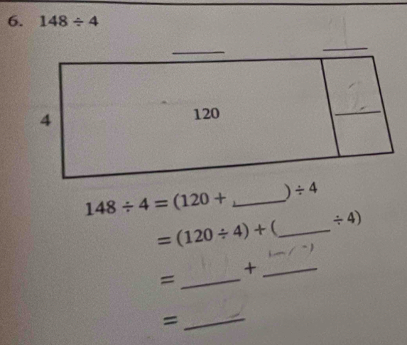 148/ 4
148/ 4=(120+ _
=(120/ 4)+ (_ / 4)
_+
_=
=
_