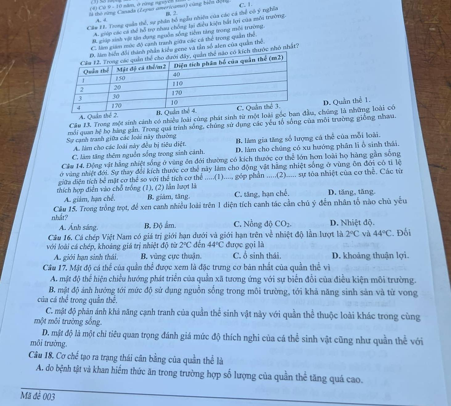 (3) Số nộ
(4) Cứ 9 - 10 năm, ở rừng nguyen 
là thô rừng Canada (Lepus americanus) cùng biên dộng.
C. 1.
B. 2.
Câu 11. Trong quần thể, sự phân bố ngẫu nhiên của các cá thể có ý nghĩa
A. 4.
A. giúp các cá thể hỗ trợ nhau chống lại điều kiện bất lợi của môi trường.
B. giúp sinh vật tận dụng nguồn sống tiềm tàng trong môi trường.
C. làm giảm mức độ cạnh tranh giữa các cá thể trong quần thể.
iểu gene và tần số alen của quần thể.
thước nhỏ nhất?
A. Quần thể 2.D. Quần thể 1.
Câu 13. Trong một sinh cảnh có nhiều loài cùng phát sinh từ một loài gầu, chúng là những loài có
mối quan hệ họ hàng gần. Trong quá trình sống, chúng sử dụng các yếu tố sống của môi trường giống nhau.
Sự cạnh tranh giữa các loài này thường
A. làm cho các loài này đều bị tiêu diệt. B. làm gia tăng số lượng cá thể của mỗi loài.
C. làm tăng thêm nguồn sống trong sinh cảnh. D. làm cho chúng có xu hướng phân li ổ sinh thái.
Câu 14. Động vật hằng nhiệt sống ở vùng ôn đới thường có kích thước cơ thể lớn hơn loài họ hàng gần sống
ở vùng nhiệt đới. Sự thay đổi kích thước cơ thể này làm cho động vật hằng nhiệt sống ở vùng ôn đới có tỉ lệ
giữa diện tích bề mặt cơ thể so với thể tích cơ thể .....(1)...., góp phần .....(2)..... sự tỏa nhiệt của cơ thể. Các từ
thích hợp điền vào chỗ trống (1), (2) lần lượt là
A. giảm, hạn chế. B. giâm, tăng. C. tăng, hạn chế. D. tăng, tăng.
Câu 15. Trong trồng trọt, để xen canh nhiều loài trên 1 diện tích canh tác cần chú ý đến nhân tố nào chủ yếu
nhất?
A. Ánh sáng. B. Độ ẩm. C. Nồng độ CO_2. D. Nhiệt độ.
Câu 16. Cá chép Việt Nam có giá trị giới hạn dưới và giới hạn trên về nhiệt độ lần lượt là 2°C và 44°C. Đối
với loài cá chép, khoảng giá trị nhiệt độ từ 2°C đến 44°C được gọi là
A. giới hạn sinh thái. B. vùng cực thuận. C. ổ sinh thái. D. khoảng thuận lợi.
Câu 17. Mật độ cá thể của quần thể được xem là đặc trưng cơ bản nhất của quần thể vì
A. mật độ thể hiện chiều hướng phát triển của quần xã tương ứng với sự biến đổi của điều kiện môi trường.
B. mật độ ảnh hưởng tới mức độ sử dụng nguồn sống trong môi trường, tới khả năng sinh sản và tử vong
của cá thể trong quần thể.
C. mật độ phản ánh khả năng cạnh tranh của quần thể sinh vật này với quần thể thuộc loài khác trong cùng
một môi trường sống.
D. mật độ là một chỉ tiêu quan trọng đánh giá mức độ thích nghi của cá thể sinh vật cũng như quần thể với
môi trường.
Câu 18. Cơ chế tạo ra trạng thái cân bằng của quần thể là
A. do bệnh tật và khan hiếm thức ăn trong trường hợp số lượng của quần thể tăng quá cao.
Mã đề 003