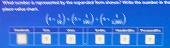 What number is represented by the expanded form shown? Write the number in the 
place-value chart.
(4*  h/191 endpmatrix / beginpmatrix 3*  1/191 endpmatrix / beginpmatrix 8*  1/k,000 )