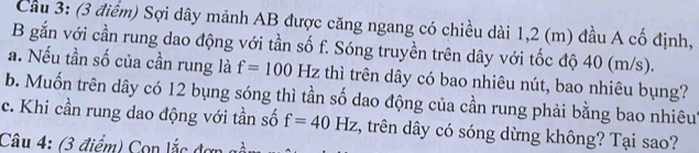 Cầu 3: (3 điểm) Sợi dây mảnh AB được căng ngang có chiều dài 1,2 (m) đầu A cố định, 
B gắn với cần rung dao động với tần số f. Sóng truyền trên dây với tốc độ 40 (m/s). 
a. Nếu tần số của cần rung là f=100 Hz thì trên dây có bao nhiêu nút, bao nhiêu bụng? 
b. Muốn trên dây có 12 bụng sóng thì tần số dao động của cần rung phải bằng bao nhiêut 
c. Khi cần rung dao động với tần số f=40Hz :, trên dây có sóng dừng không? Tại sao? 
Câu 4: (3 điểm) Con lắc đơn