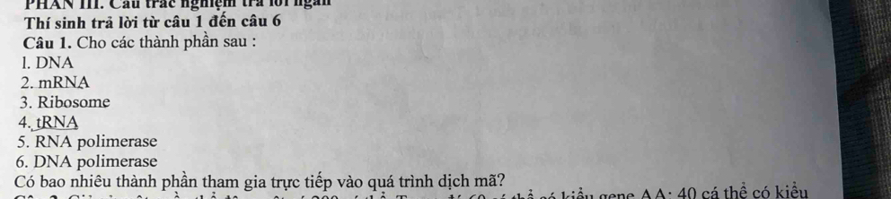 PHAN III. Cầu trác nghiệm tra lội ngàn 
Thí sinh trả lời từ câu 1 đến câu 6 
Câu 1. Cho các thành phần sau : 
l. DNA 
2. mRNA 
3. Ribosome 
4. tRNA 
5. RNA polimerase 
6. DNA polimerase 
Có bao nhiêu thành phần tham gia trực tiếp vào quá trình dịch mã?
△ A· 40 cá thể có kiểu