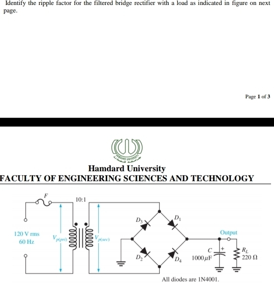 Solved: Identify the ripple factor for the filtered bridge rectifier ...