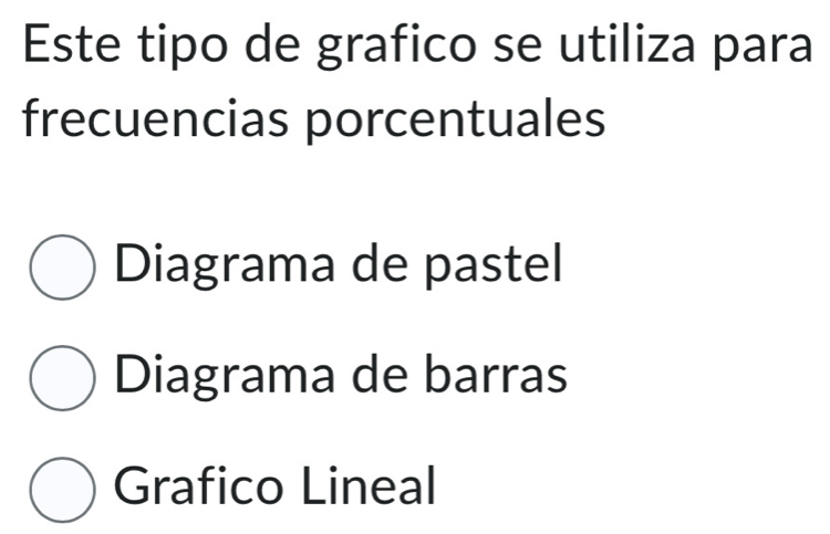 Este tipo de grafico se utiliza para
frecuencias porcentuales
Diagrama de pastel
Diagrama de barras
Grafico Lineal