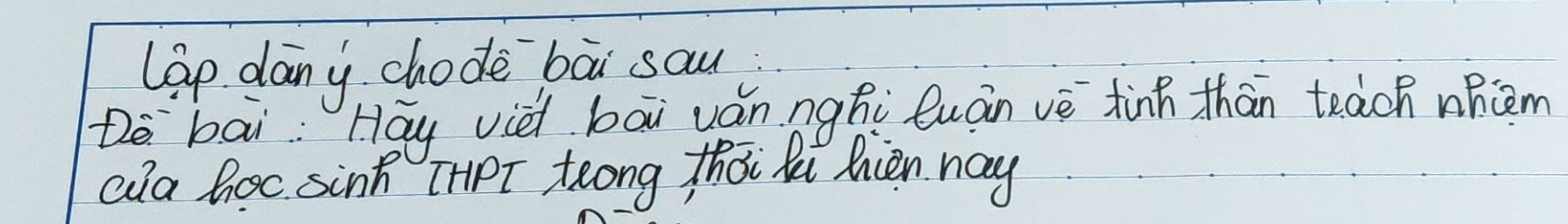 lap dany chode bāi sau 
Dè bāi: Hay vii bāi ván nghi luán vè tinh thān teach nhcem 
ala hoc sink [HPT teong tha lu hien nay