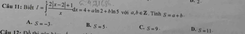 Biết I=∈tlimits _1^(5frac 2|x-2|+1)xdx=4+aln 2+bln 5 với a,b∈ Z. Tính S=a+b·
A. S=-3·
B. S=5·
C. S=9· D. S=11·
Câu 12: Đồ thị