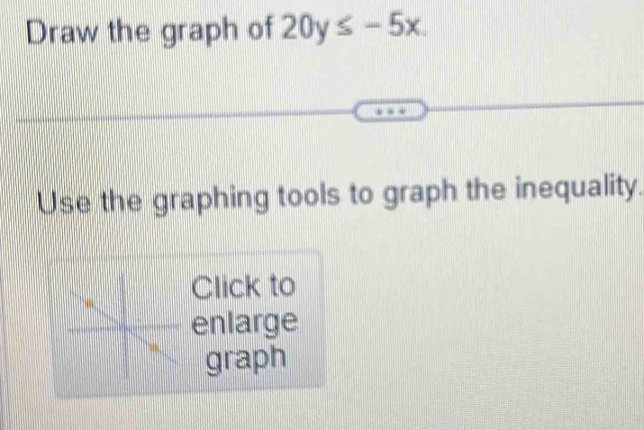 Draw the graph of 20y≤ -5x. 
Use the graphing tools to graph the inequality. 
Click to 
enlarge 
graph