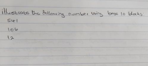 illustrate the following number using base 10 blocks:
541
106
12