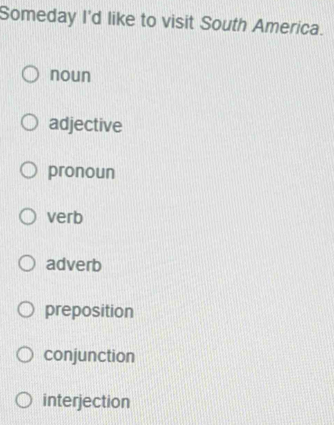 Someday I'd like to visit South America.
noun
adjective
pronoun
verb
adverb
preposition
conjunction
interjection