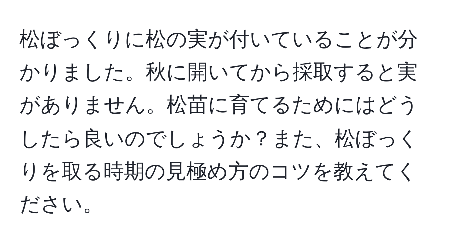 松ぼっくりに松の実が付いていることが分かりました。秋に開いてから採取すると実がありません。松苗に育てるためにはどうしたら良いのでしょうか？また、松ぼっくりを取る時期の見極め方のコツを教えてください。