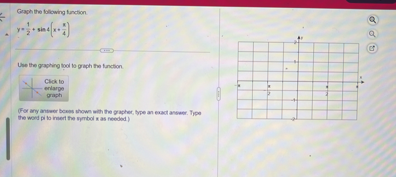 Graph the following function.
y= 1/2 +sin 4(x+ π /4 )
Use the graphing tool to graph the function. 
Click to 
enlarge 
graph 
(For any answer boxes shown with the grapher, type an exact answer. Type 
the word pi to insert the symbol π as needed.)