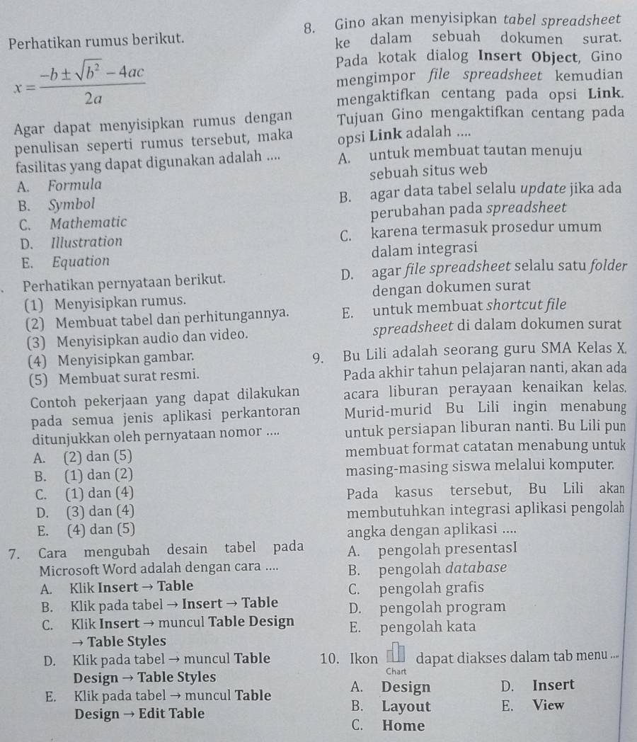 Gino akan menyisipkan tabel spreadsheet
Perhatikan rumus berikut. ke dalam sebuah dokumen surat.
Pada kotak dialog Insert Object, Gino
x= (-b± sqrt(b^2)-4ac)/2a  mengimpor file spreadsheet kemudian
mengaktifkan centang pada opsi Link.
Agar dapat menyisipkan rumus dengan Tujuan Gino mengaktifkan centang pada
penulisan seperti rumus tersebut, maka opsi Link adalah ....
fasilitas yang dapat digunakan adalah .... A. untuk membuat tautan menuju
A. Formula sebuah situs web
B. Symbol B. agar data tabel selalu update jika ada
C. Mathematic perubahan pada spreadsheet
D. Illustration C. karena termasuk prosedur umum
E. Equation dalam integrasi
Perhatikan pernyataan berikut. D. agar file spreadsheet selalu satu folder
(1) Menyisipkan rumus. dengan dokumen surat
(2) Membuat tabel dan perhitungannya. E. untuk membuat shortcut file
(3) Menyisipkan audio dan video. spreadsheet di dalam dokumen surat
(4) Menyisipkan gambar. 9. Bu Lili adalah seorang guru SMA Kelas X.
(5) Membuat surat resmi. Pada akhir tahun pelajaran nanti, akan ada
Contoh pekerjaan yang dapat dilakukan acara liburan perayaan kenaikan kelas.
pada semua jenis aplikasi perkantoran Murid-murid Bu Lili ingin menabung
ditunjukkan oleh pernyataan nomor .... untuk persiapan liburan nanti. Bu Lili pun
A. (2) dan (5) membuat format catatan menabung untuk
B. (1) dan (2) masing-masing siswa melalui komputer.
C. (1) dan (4) Pada kasus tersebut, Bu Lili akan
D. (3) dan (4) membutuhkan integrasi aplikasi pengolah
E. (4) dan (5) angka dengan aplikasi ....
7. Cara mengubah desain tabel pada A. pengolah presentasI
Microsoft Word adalah dengan cara .... B. pengolah database
A. Klik Insert → Table C. pengolah grafis
B. Klik pada tabel → Insert → Table D. pengolah program
C. Klik Insert → muncul Table Design E. pengolah kata
→ Table Styles
D. Klik pada tabel → muncul Table 10. Ikon dapat diakses dalam tab menu ...
Design → Table Styles Chart
A. Design
E. Klik pada tabel → muncul Table D. Insert
Design → Edit Table
B. Layout E. View
C. Home