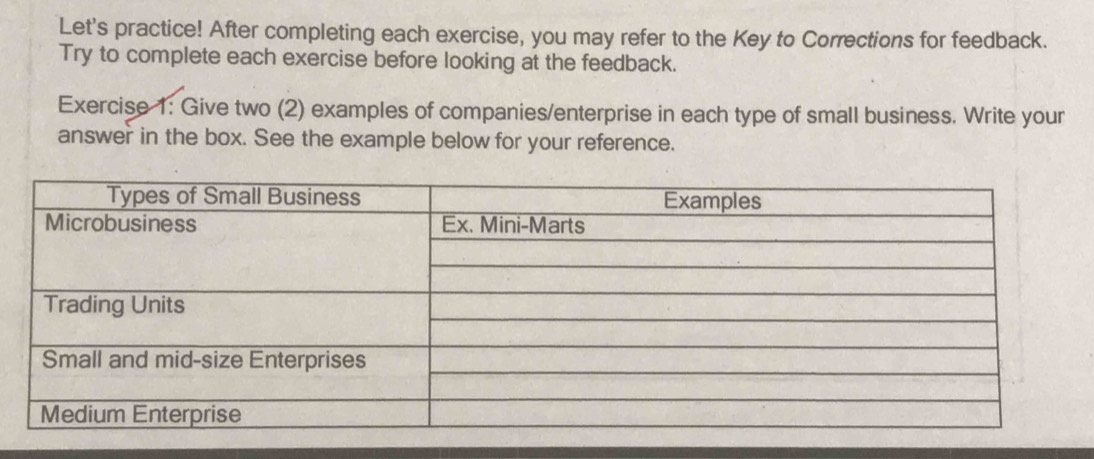 Let's practice! After completing each exercise, you may refer to the Key to Corrections for feedback. 
Try to complete each exercise before looking at the feedback. 
Exercise 1: Give two (2) examples of companies/enterprise in each type of small business. Write your 
answer in the box. See the example below for your reference.