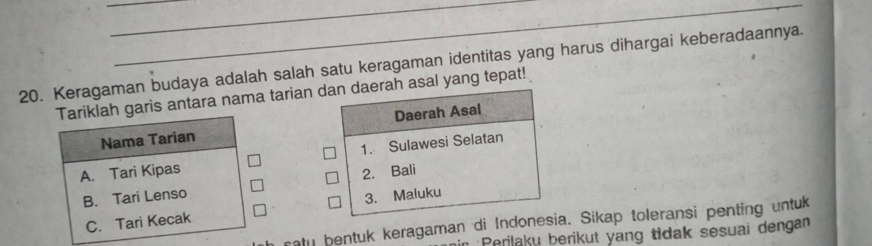 Keragaman budaya adalah salah satu keragaman identitas yang harus dihargai keberadaannya.
antara nama tarian dan daerah asal yang tepat!
Daerah Asal
1. Sulawesi Selatan
2. Bali
3. Maluku
taty bentuk keragaman di Indonesia. Sikap toleransi penting untuk
* :Perilaku berikut yang tidak sesuai dengan