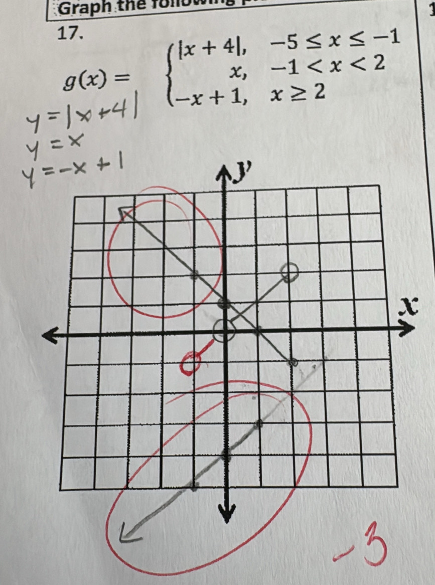 Graph thể folow 
17.
g(x)=beginarrayl |x+4|,-5≤ x≤ -1 x,-1