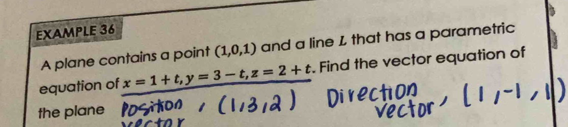 EXAMPLE 36 
A plane contains a point (1,0,1) and a line L that has a parametric 
equation of x=1+t, y=3-t, z=2+t. Find the vector equation of 
the plane