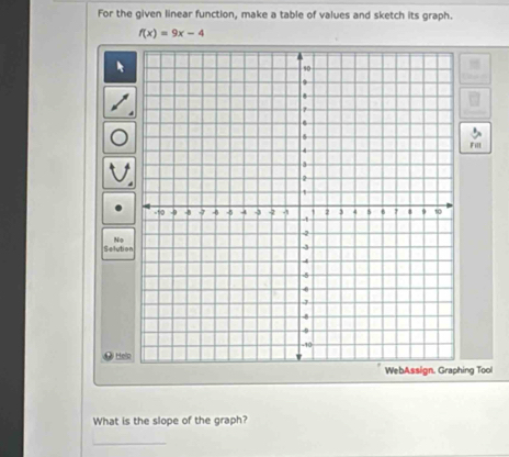 For the given linear function, make a table of values and sketch its graph.
f(x)=9x-4
Fill 
No 
Selutio 
P Hel 
ng Tool 
What is the slope of the graph? 
_