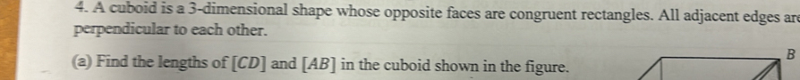 A cuboid is a 3 -dimensional shape whose opposite faces are congruent rectangles. All adjacent edges are 
perpendicular to each other. 
B 
(a) Find the lengths of [ CD ] and [ AB ] in the cuboid shown in the figure.