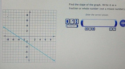 Find the slope of the graph. Write it as a 
fraction or whole number (not a mixed number) 
Enter the carrect answer. 
I . 
Ciea 
+ . a