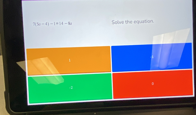 7(5a-4)-1=14-8a Solve the equation.