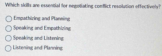 Which skills are essential for negotiating conflict resolution effectively?
Empathizing and Planning
Speaking and Empathizing
Speaking and Listening
Listening and Planning