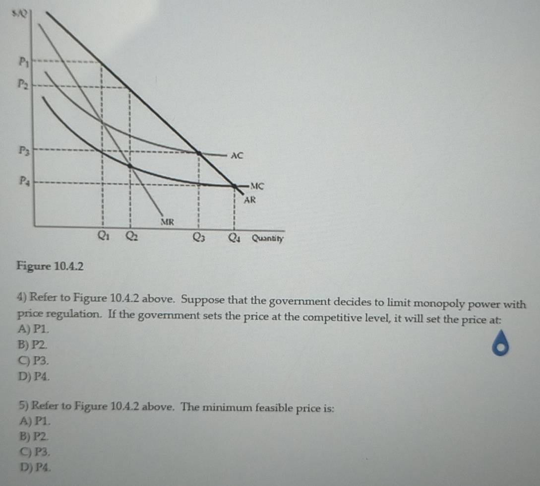 SA?
P_1
P_2
P_3
AC
P_4
MC
AR
MR
Q_1 Q_2 Q_3 Q_4 Quantity
Figure 10.4.2
4) Refer to Figure 10.4.2 above. Suppose that the government decides to limit monopoly power with
price regulation. If the government sets the price at the competitive level, it will set the price at:
A) P1.
B) P2.
C) P3.
D) P4.
5) Refer to Figure 10.4.2 above. The minimum feasible price is:
A) P1.
B) P2.
C) P3.
D) P4.