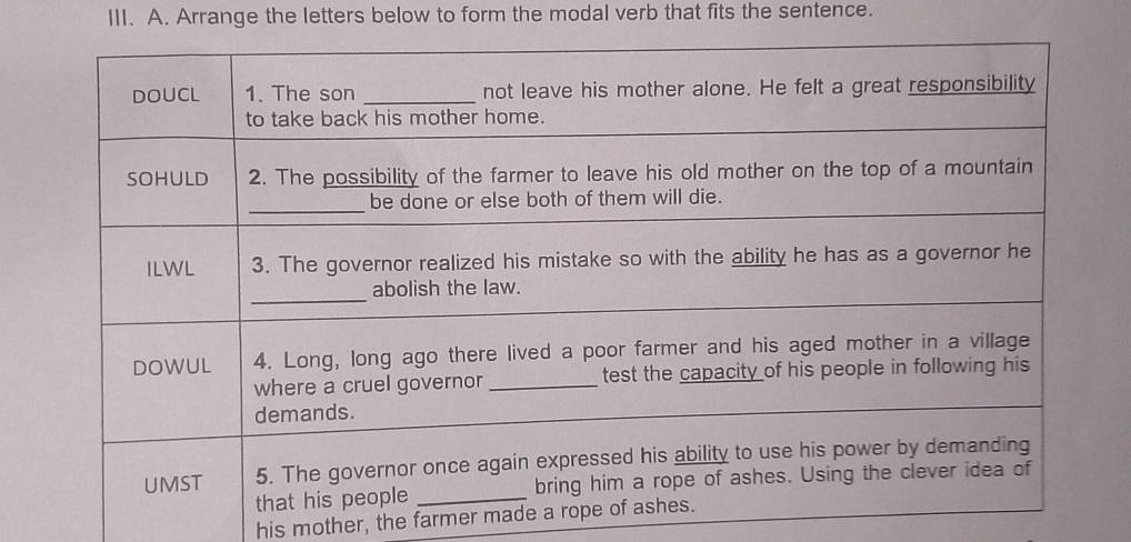 Arrange the letters below to form the modal verb that fits the sentence.
his mother, the farmer made