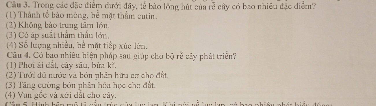 Trong các đặc điểm dưới đây, tế bào lông hút của rễ cây có bao nhiêu đặc điểm?
(1) Thành tế bào mỏng, bề mặt thấm cutin.
(2) Không bào trung tâm lớn.
3) Có áp suất thầm thấu lớn.
(4) Số lượng nhiều, bề mặt tiếp xúc lớn.
Câu 4. Có bao nhiêu biện pháp sau giúp cho bộ rễ cây phát triển?
(1) Phơi ải đất, cày sâu, bừa kĩ.
(2) Tưới đủ nước và bón phân hữu cơ cho đất.
(3) Tăng cường bón phân hóa học cho đất.
(4) Vun gốc và xới đất cho cây.
Câu 5. Hình bên mô tả cấu trúc của lục an Khi nói