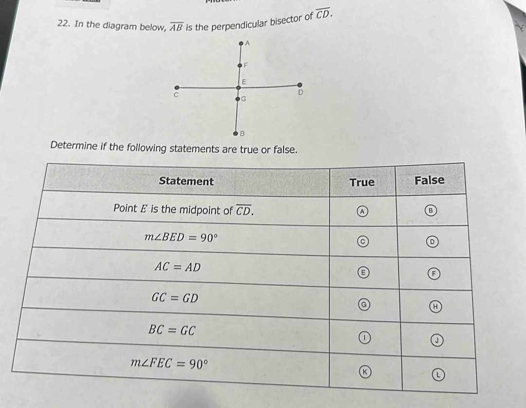 In the diagram below, overline AB is the perpendicular bisector of overline CD.
Determine if the following statements are true or false.