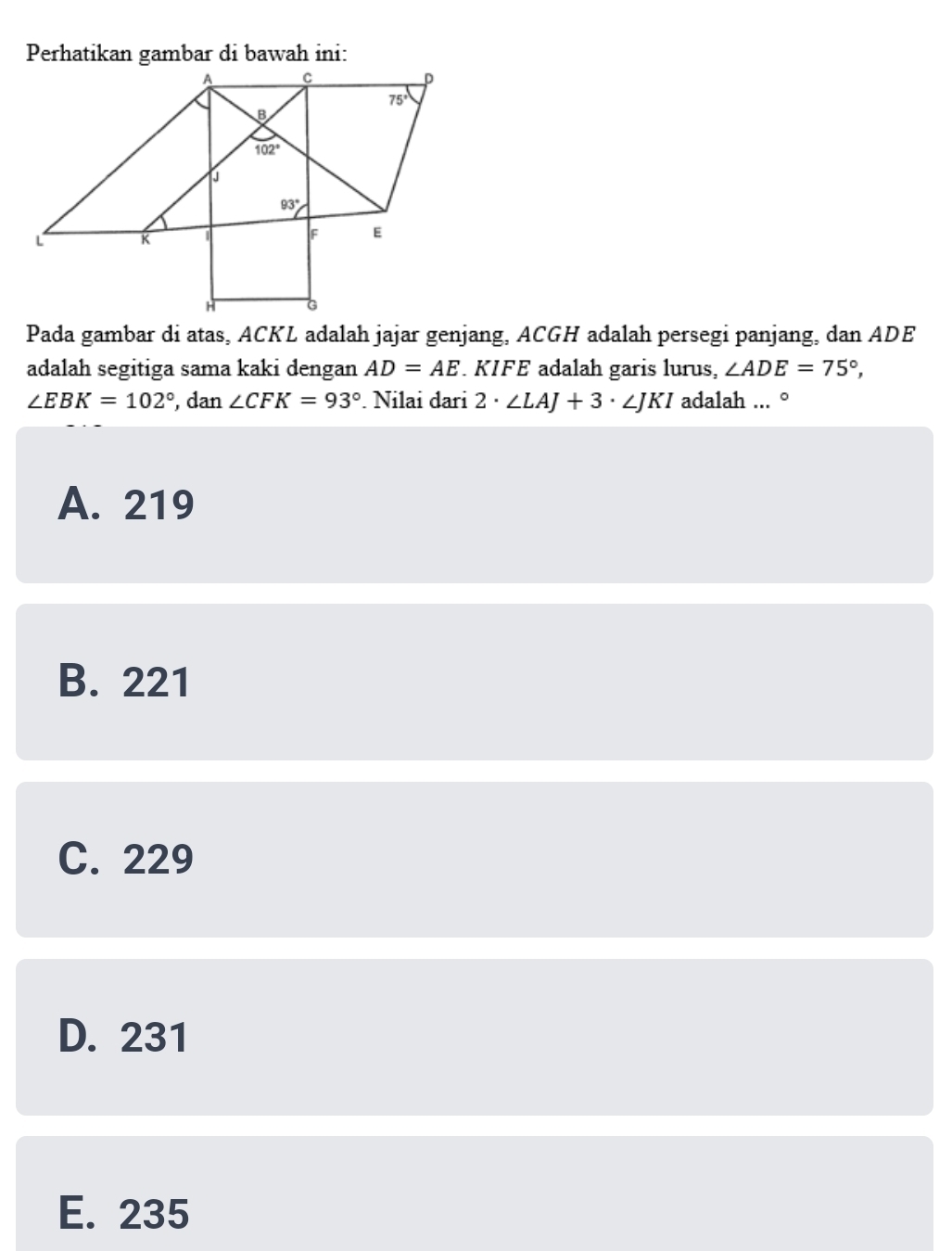 Perhatikan gambar di bawah ini:
Pada gambar di atas, ACKL adalah jajar genjang, ACGH adalah persegi panjang, dan ADE
adalah segitiga sama kaki dengan AD=AE KIFE adalah garis lurus, ∠ ADE=75°,
∠ EBK=102° , dan ∠ CFK=93°. Nilai dari 2· ∠ LAJ+3· ∠ JKI adalah ... °
A. 219
B. 221
C. 229
D. 231
E. 235