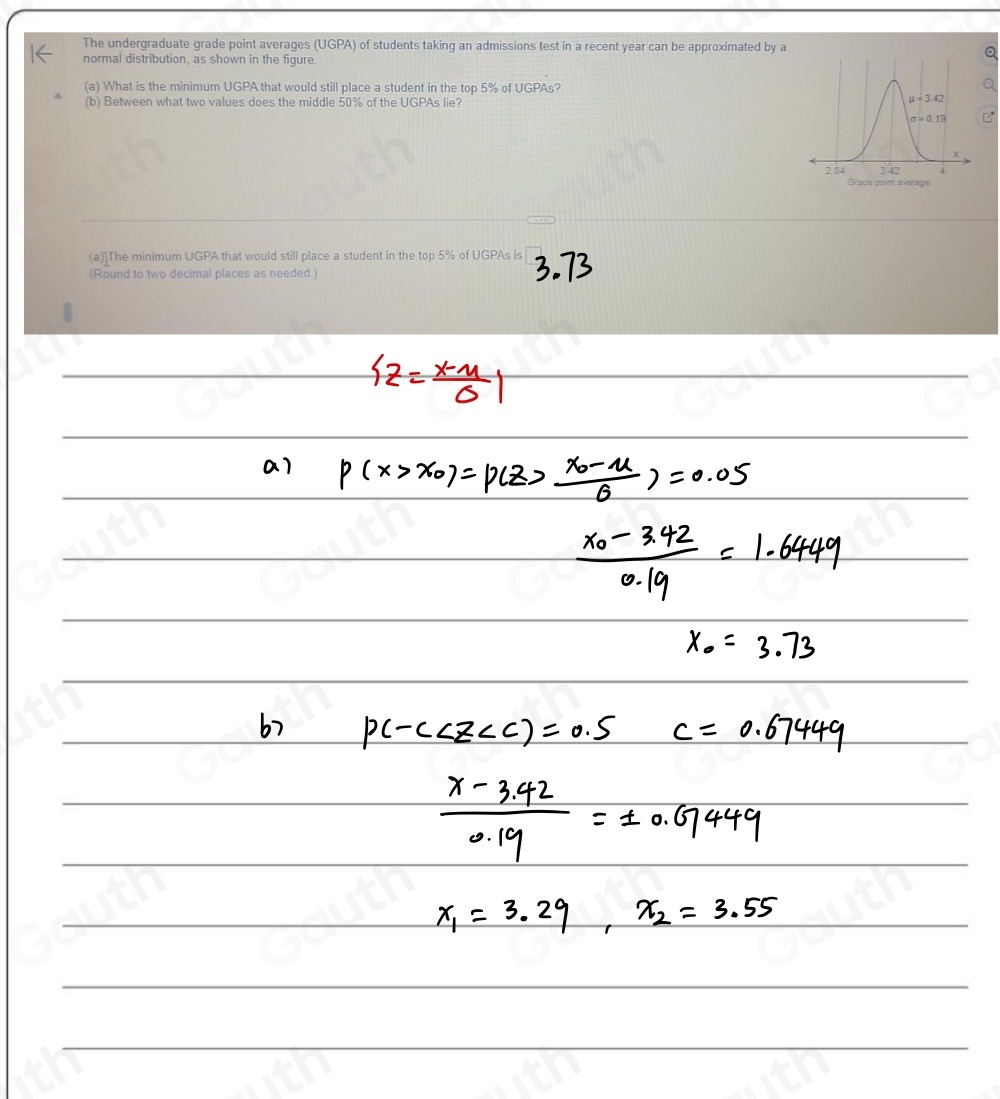 The undergraduate grade point averages (UGPA) of students taking an admissions test in a recent year can be approximated by a 
normal distribution, as shown in the figure 
(a) What is the minimum UGPA that would still place a student in the top 5% of UGPAs? 
(b) Between what two values does the middle 50% of the UGPAs lie? 
(a)]The minimum UGPA that would still place a student in the top 5% of UGPAs is 
(Round to two decimal places as needed )