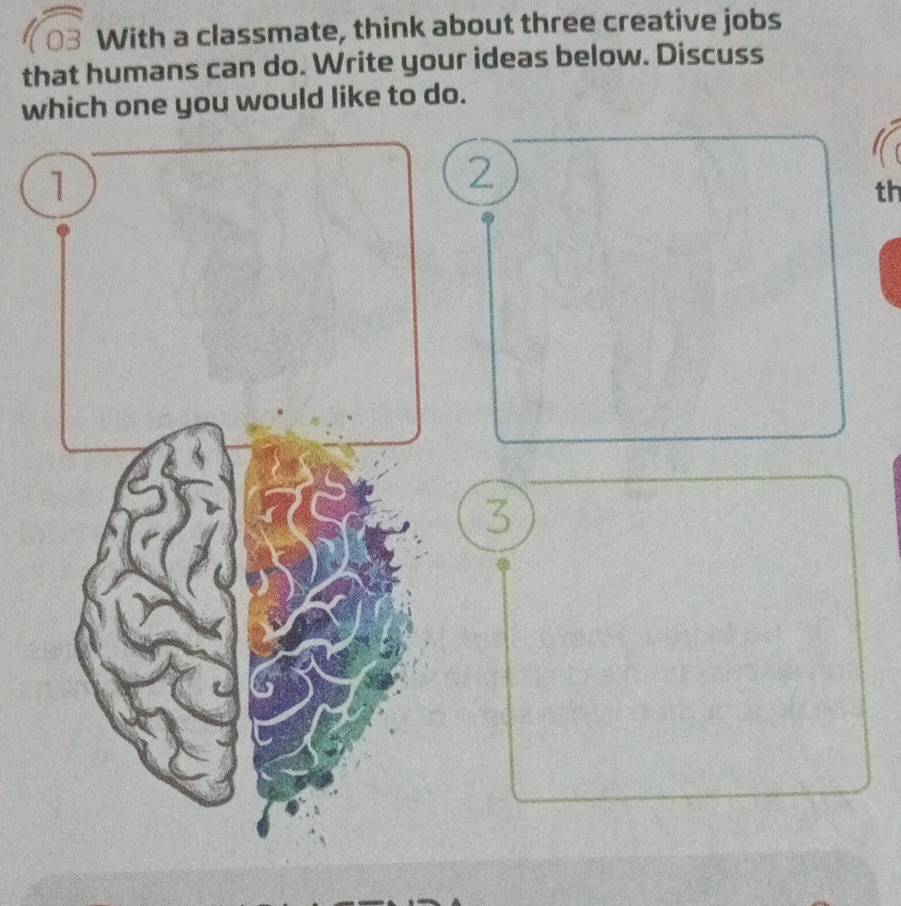 With a classmate, think about three creative jobs 
that humans can do. Write your ideas below. Discuss 
which one you would like to do. 
1 
2 
th 
3