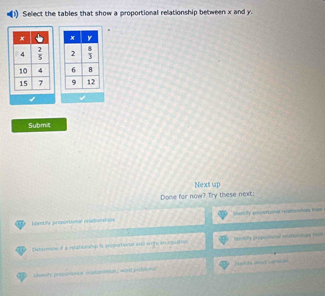 Select the tables that show a proportional relationship between x and y.
 
 
 
Submit
Next up
Done for now? Try these next:
Identify proportional relationships Identify propertional relationships from
Determine if a relationship is proportional and write an equation Identity proportional relationships from
Identify proppronnal relationships, word problsms: Identify pirect variation
