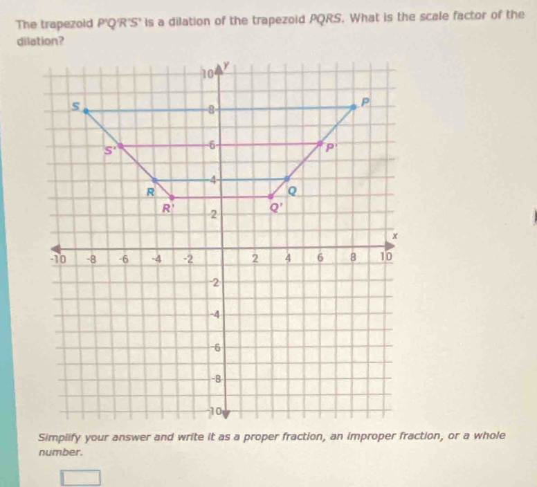 The trapezold P'Q'R'S' is a dilation of the trapezoid PQRS. What is the scale factor of the
dilation?
number.