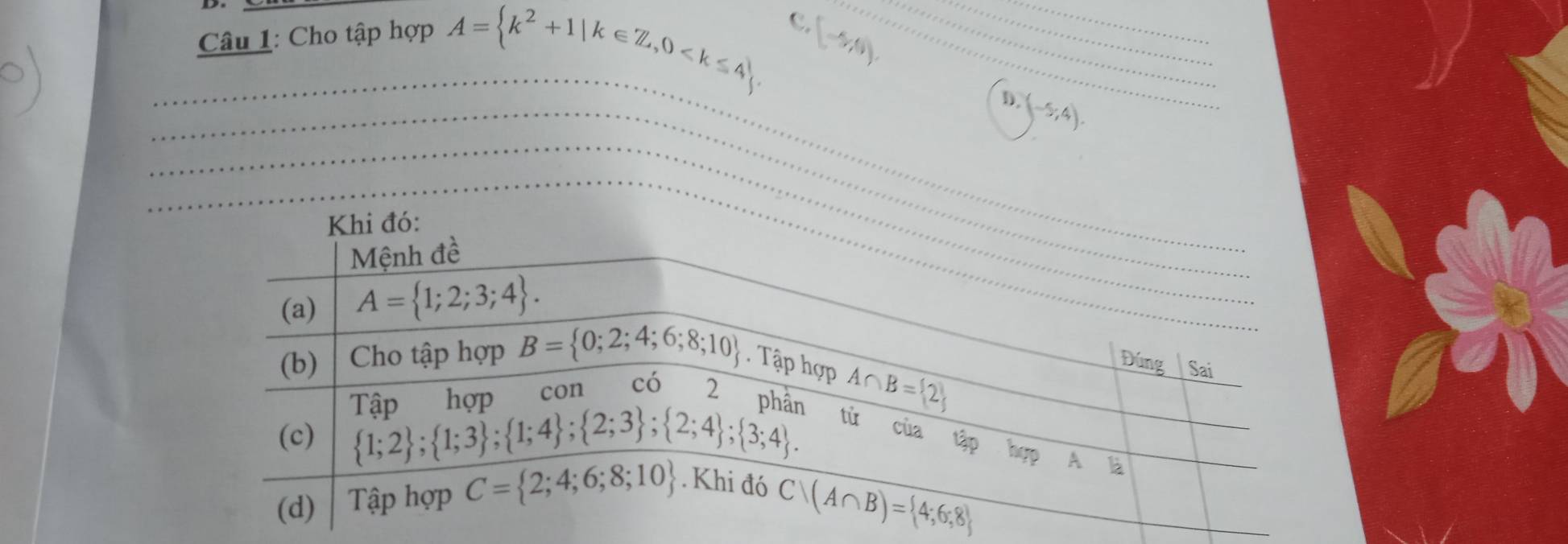 Cho tập hợp
A= k^2+1|k∈ Z,0 c.
(-5,6)
D. (-5;4).