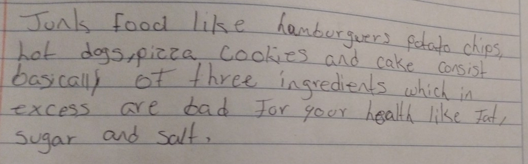 Jonk food like hamburgeers potato chips. 
hot dogs, picca cookies and cake consist 
basicall of three ingredients which in 
excess are bad for goor health like Jat, 
sugar and salf,