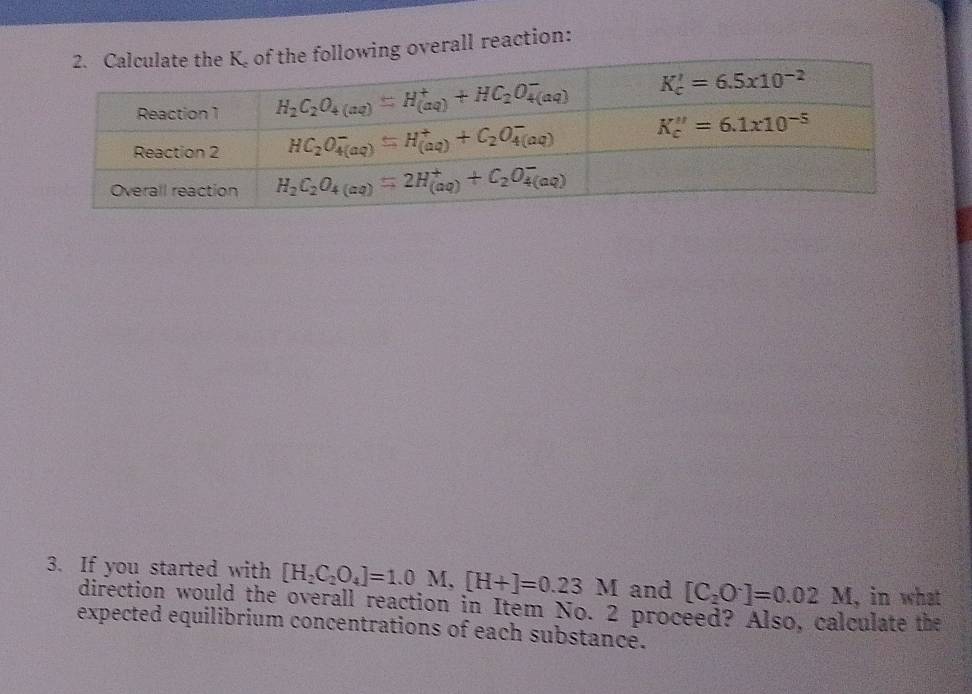 ng overall reaction:
3. If you started with [H_2C_2O_4]=1.0M,[H+]=0.23M and [C_2O^-]=0.02M , in what
direction would the overall reaction in Item No. 2 proceed? Also, calculate the
expected equilibrium concentrations of each substance.