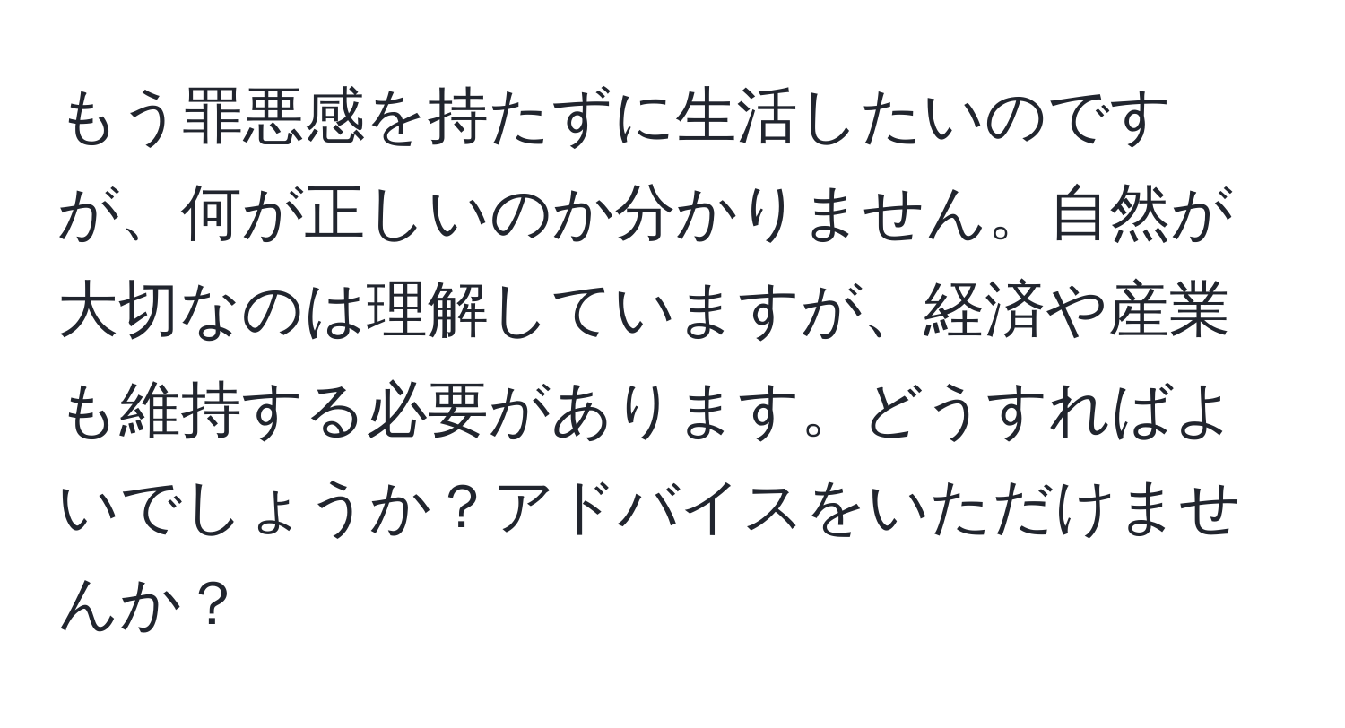 もう罪悪感を持たずに生活したいのですが、何が正しいのか分かりません。自然が大切なのは理解していますが、経済や産業も維持する必要があります。どうすればよいでしょうか？アドバイスをいただけませんか？