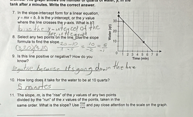 ru pn shows the number of quants of water, y, i the 
tank after x minutes. Write the correct answer. 
7. In the slope-intercept form for a linear equation,
y=mx+b , b is the y-intercept, or the y value 
where the line crosses the y-axis. What is ? 
_ 
8. Select any two points on the line. Use the slope 
formula to find the slope. 
_ 
9. Is this line positive or negative? How do you 
know? 
_ 
10. How long does it take for the water to be at 10 quarts? 
_ 
11. The slope, m, is the "rise" of the y values of any two points 
divided by the “run" of the x values of the points, taken in the 
same order. What is the slope? Use  rise/run  and pay close attention to the scale on the graph. 
_