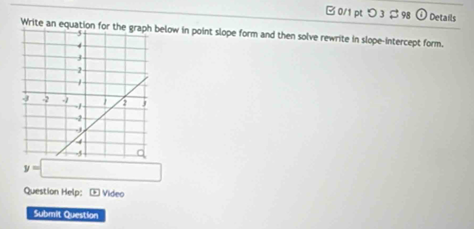 □ 0/1 pt つ 3 $ 98 0 Details 
Write an equation for the graph below in point slope form and then solve rewrite in slope-intercept form.
y=□
Question Help: * Video 
Submit Question