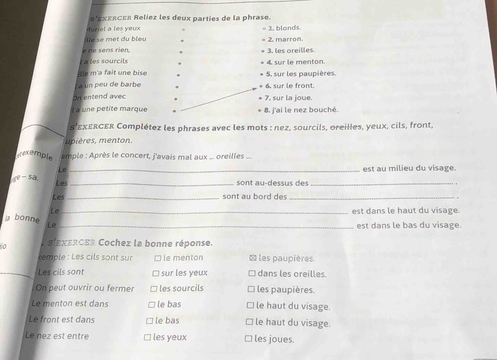 εχεrcεr Reliez les deux parties de la phrase. 
Muriel a les yeux 1. blonds. 
Elle se met du bleu 2. marron. 
e ne sens rien, 3. les oreilles. 
l a les sourcils 4. sur le menton. 
Elle m'a fait une bise 5. sur les paupières. 
a un peu de barbe 6, sur le front. 
Dn entend avec 7. sur la joue. 
l a une petite marque 8. j'ai le nez bouché. 
s’εχεRटεR Complétez les phrases avec les mots : nez, sourcils, oreilles, yeux, cils, front, 
upières, menton. 
etexemple emple : Après le concert, j'avais mal aux ... oreilles ... 
Le _est au milieu du visage. 
|ge-sa. Les _sont au-dessus des_ 
Les _sont au bord des_ 
Le _est dans le haut du visage. 
la bonne Le_ 
est dans le bas du visage. 
lio s^2 EXERCER Cochez la bonne réponse. 
kemple : Les cils sont sur le menton les paupières. 
_Les cils sont sur les yeux dans les oreilles. 
On peut ouvrir ou fermer les sourcils les paupières. 
Le menton est dans le bas le haut du visage. 
Le front est dans le bas le haut du visage. 
Le nez est entre les yeux les joues.