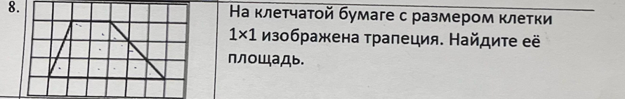 Ηа κлеτчаτοй бумаге с размером κлетки
1* 1 Изображена τрапеция. Найдиτе её 
плOщаДb.