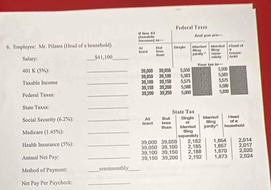 Federai Taxes 
If line 49 
(terable And you ae= 
Incomo) is 
6. Employee: Mr. Pilates (Head of a household) ^ Dus Single Maried Married Hesrat 
least Riing filing house 
than 
Salary: _ $41,100 _ lotney " radely held 
===Your tax io=
401 K (5%): _ 39,000 39,050 5,560 5,550
39,050 39,100 5.583 5,583
Taxable Income _ 39,100 39,150 5,575 5,575
39,150 39,200 5.588 5,588
Federal Taxes: _ 39,200 39,250 5,800 1061 5,800
State Taxes: 
_ 
State Tax 
Social Security (6.2%): _But Single Married Head 
At 
least less of fēng of a 
than Married jointly" household 
Medicare (1.45%): _filing 
separately 
Health Insurance (5%): _ 39,000 39,050 2, 182 1,864 2,014
39.050 39,100 2,185 1,867 2,017
39,100 39,150 2,188 1,870 2,020
Annual Net Pay: _ 39,150 39,200 2,192 1,873 2,024
Method of Payment: _semimonthly_ 
Net Pay Per Paycheck:_